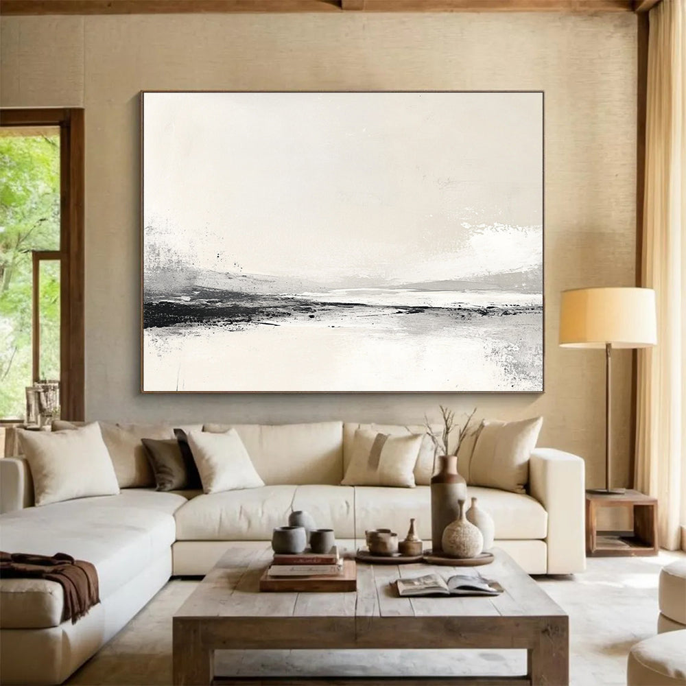 Large abstract painting inspired by the Arctic with neutral beige and grey tones creating a serene minimalist atmosphere.SC095