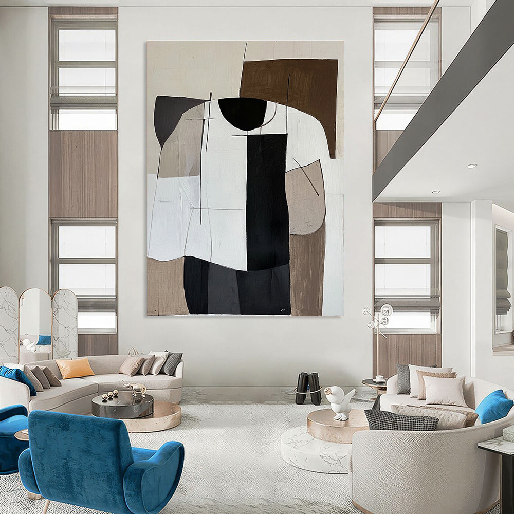 Abstract Painting in Minimalistic Cubism Style featuring Brown Palette and Striped White Shirt on a White Background.STSC1107
