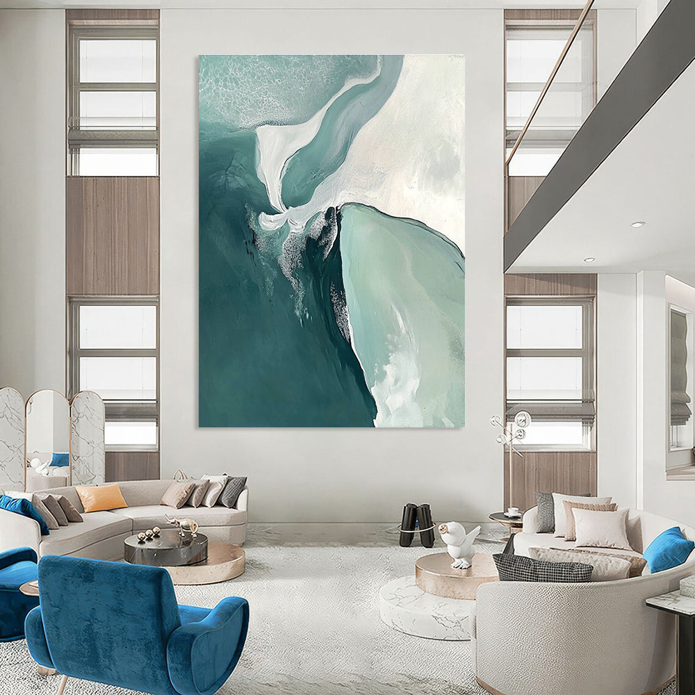 Large abstract painting featuring turquoise sea and white sand beach with soft edges and minimalist composition evoking peace and serenity.STSC534