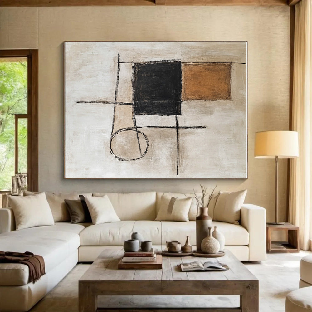 Brown Black and Beige Abstract Painting with Mixed Geometric Shapes GER183