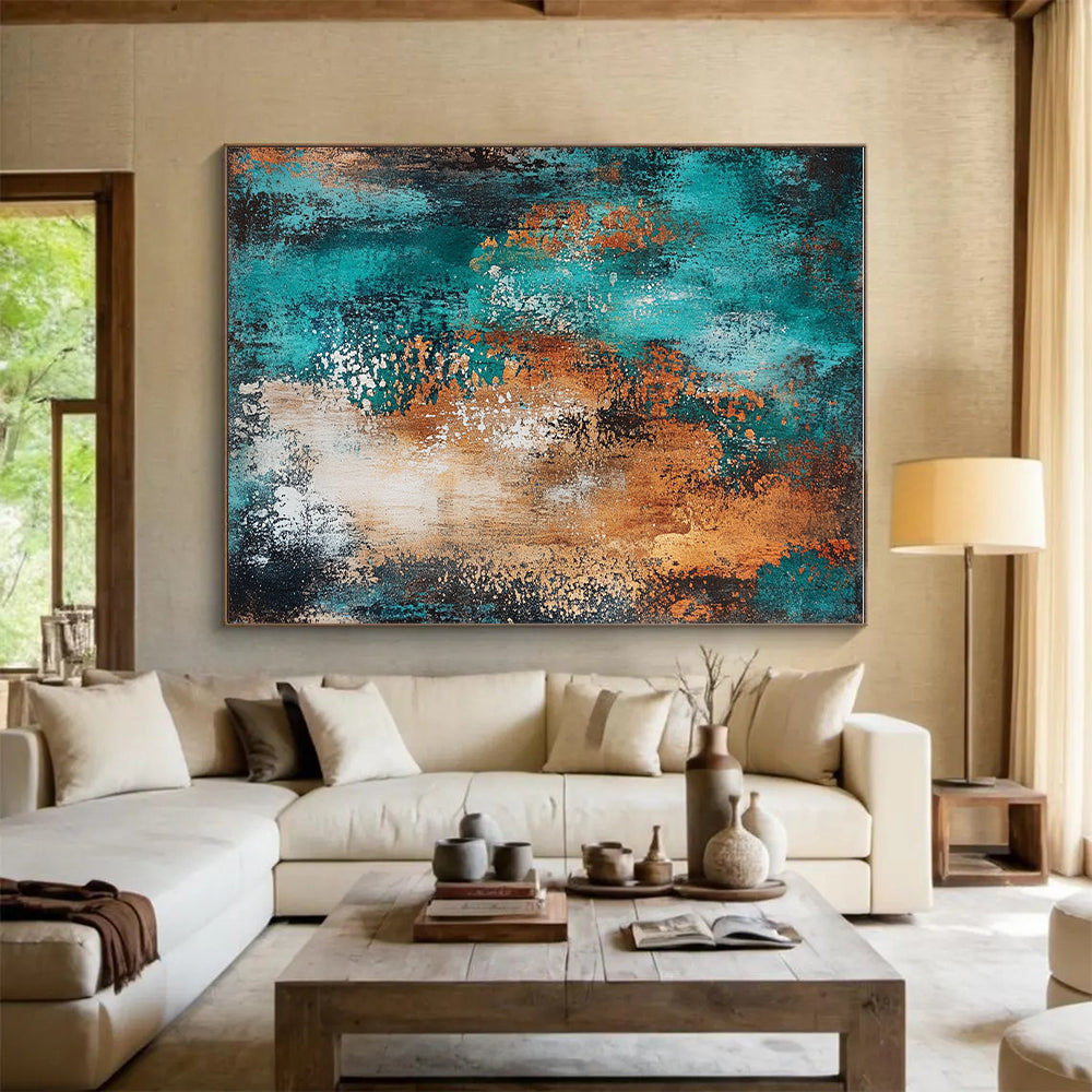 Teal and Orange Textured Abstract Painting with Dynamic Brushstrokes GER208