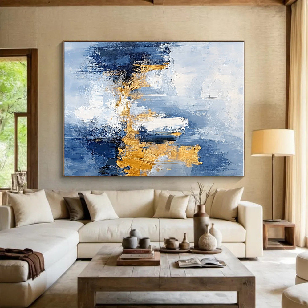 Sky Blue and Gold Abstract Painting with Urban Skylines GER378