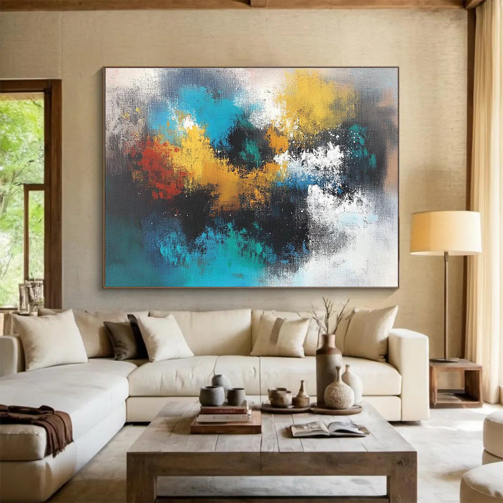 Large abstract painting featuring vibrant colors and fluid shapes perfect for modern home decor. Enhance your space with unique artistic flair.SC625