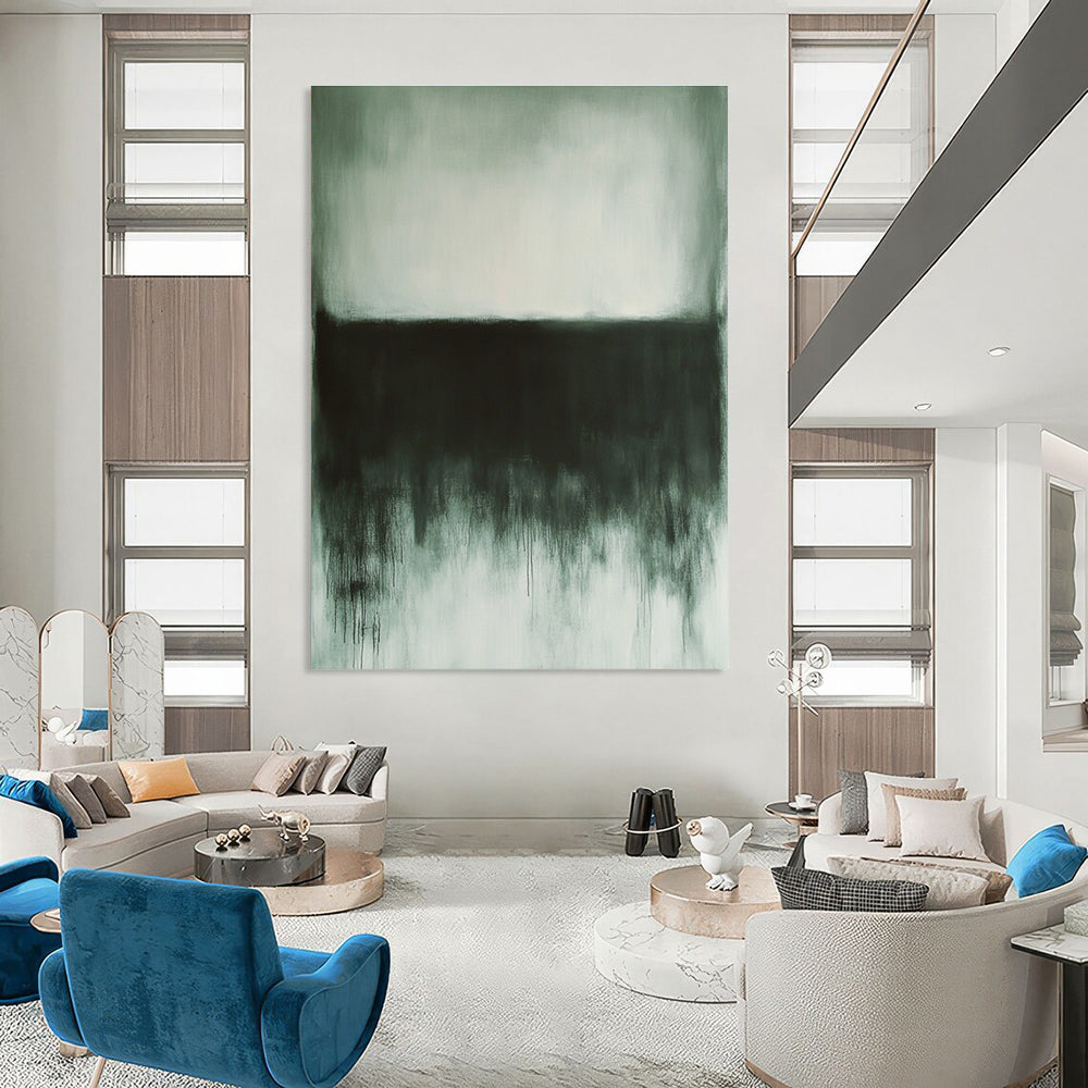 Large abstract painting in gray and white tones evoking calmness with dark gray and light green elements and textured details in the corner.STSC757