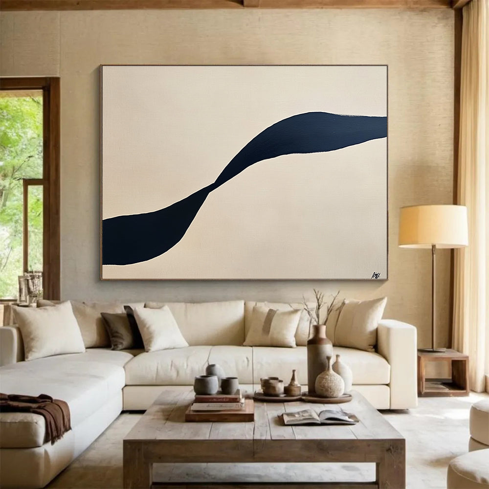 Large abstract painting featuring a single black curved line on a cream background for minimalist aesthetic appeal.SC587
