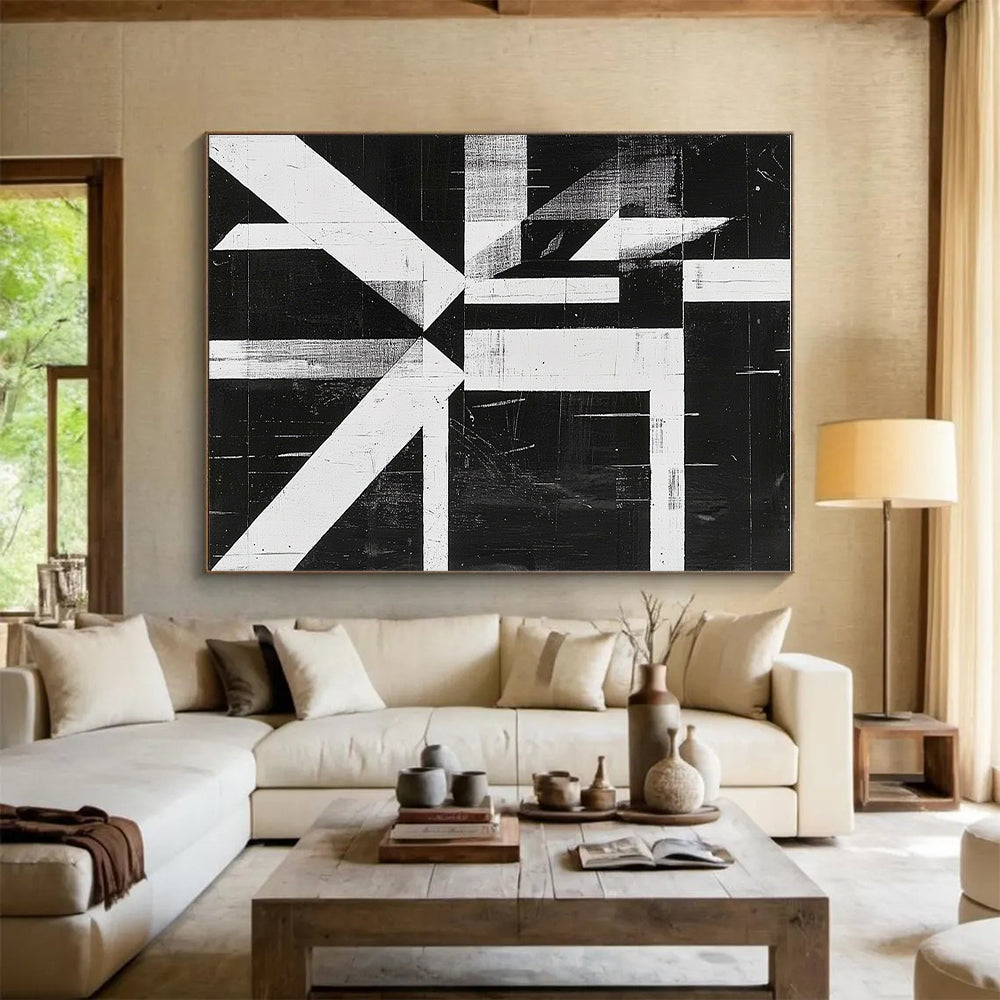 Black and White Geometric Abstract Painting with Angular Forms GER009