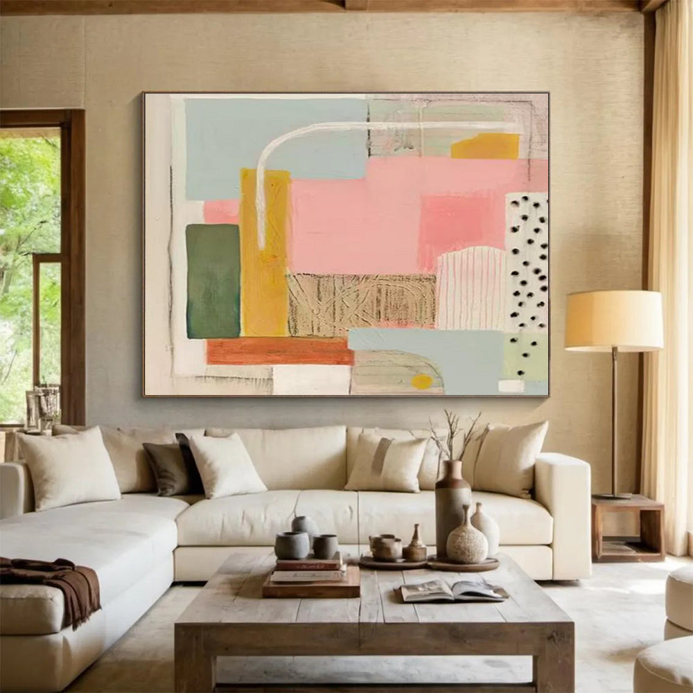 Pastel Geometry Abstract Painting with Pink, Green, and Yellow Tones THY204