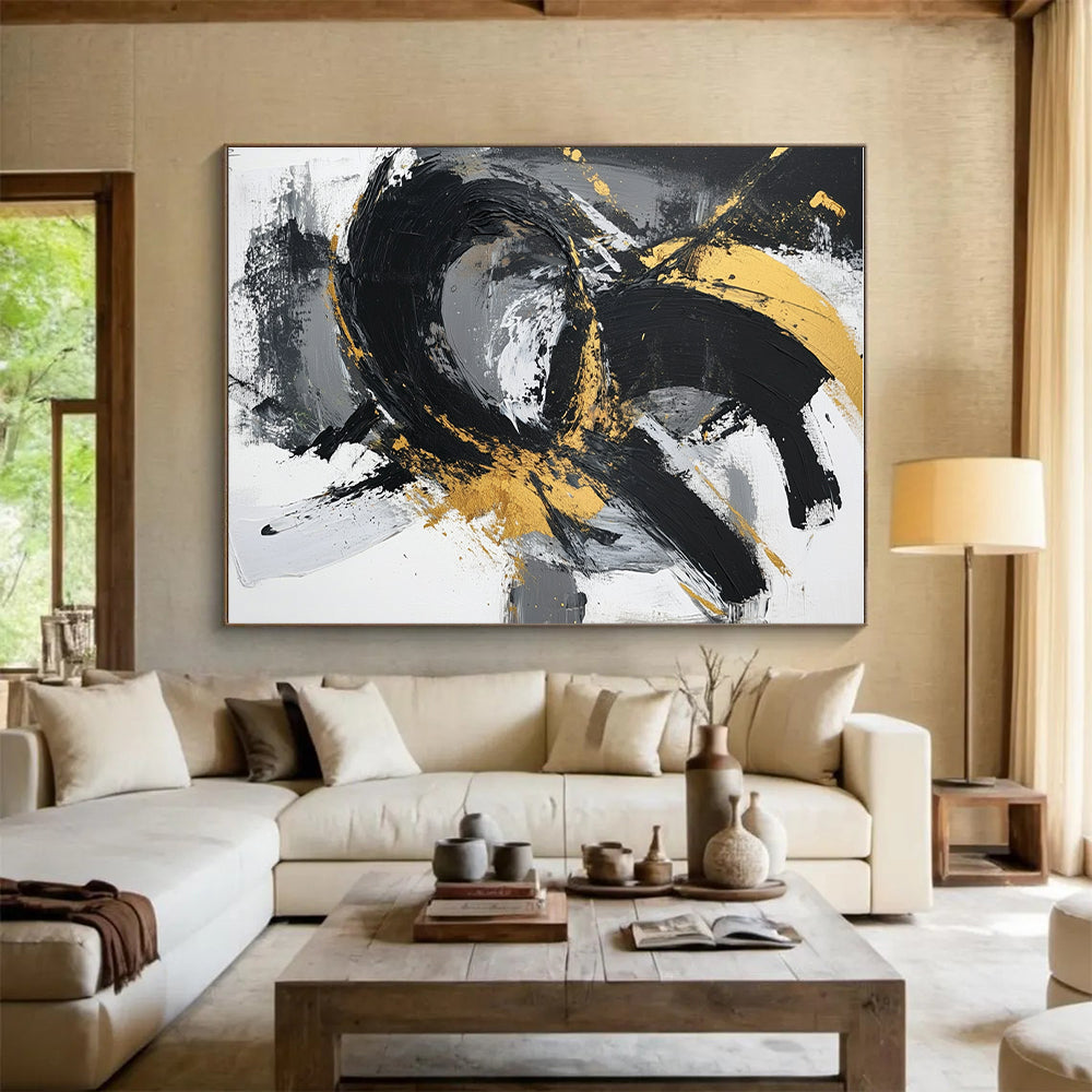 Gold Swirl Abstract with Black White and Gray Motions GER367