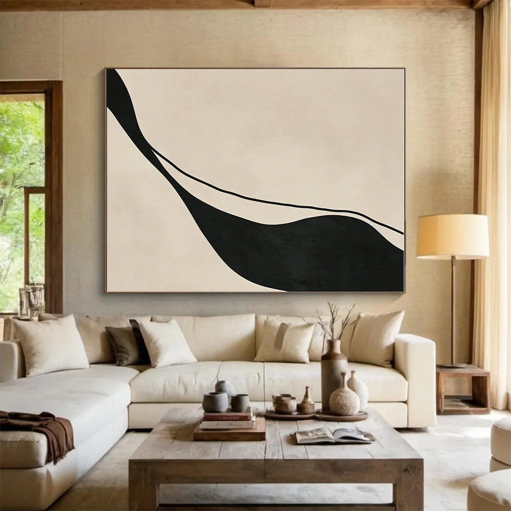 Black Beige Curved Line Abstract Painting GER843