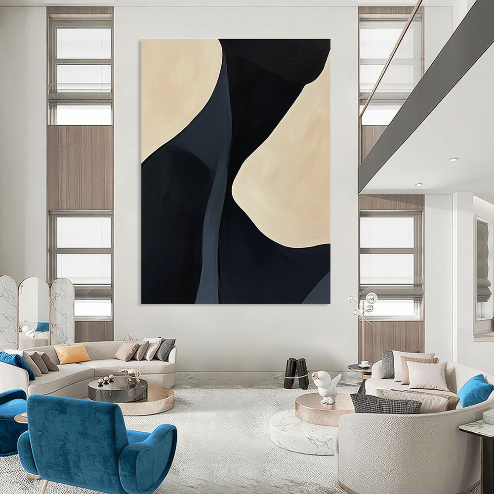 A large abstract painting featuring black and cream feminine curves with organic lines creating a calming effect on a light background.STSC609