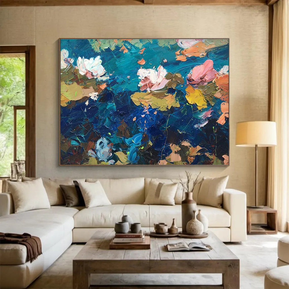Blue Pink Water Lily Pond Abstract Painting THY465