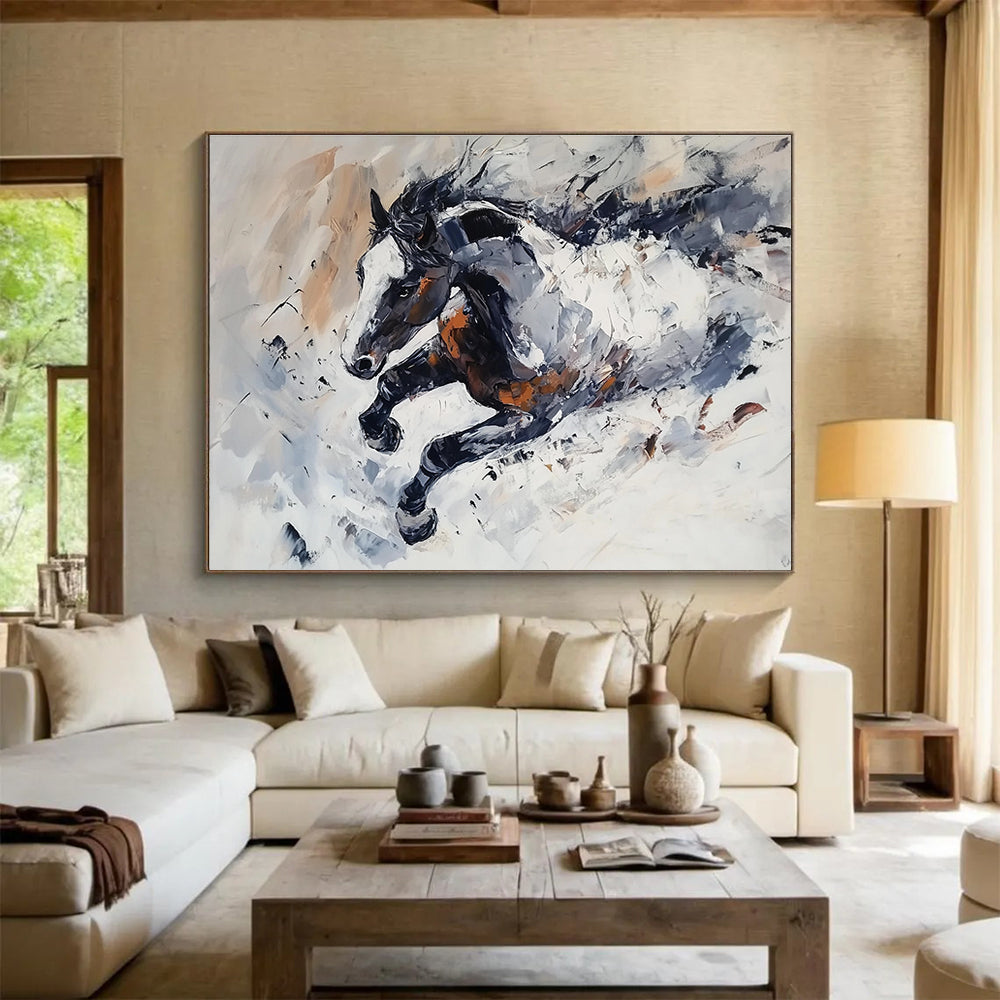 Large abstract painting of a horse in snow featuring loose brush strokes monochrome tones with brown white accents and dynamic textured movement.SC594