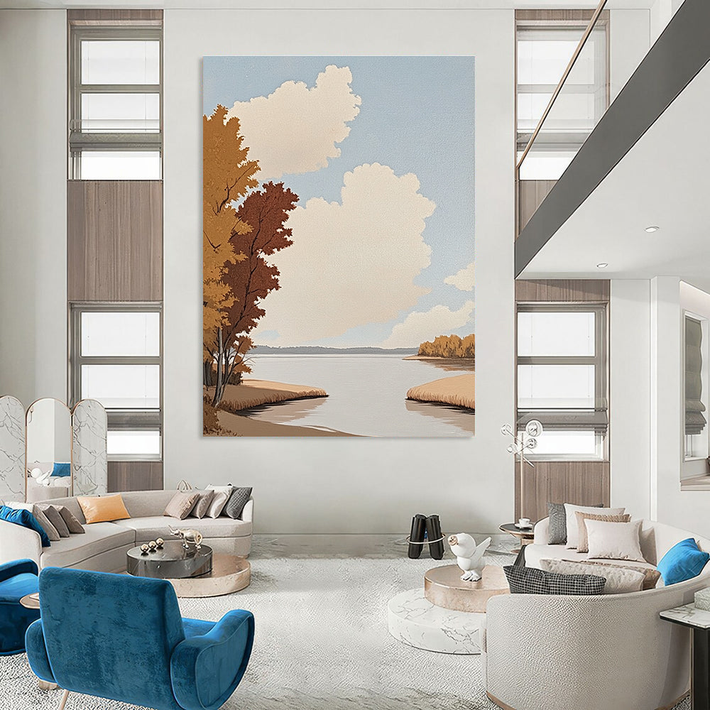 Abstract painting of a riverbank with trees autumn red leaves and a vast lake minimalistic oil style flat illustrations.STSC1020