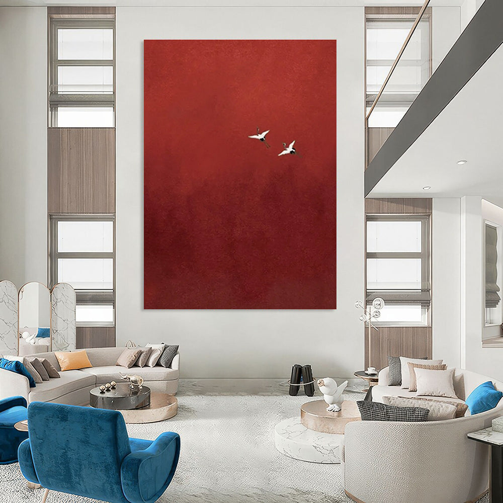Cranes in Red Sky Abstract Painting with Contrasting Elements ADGE482