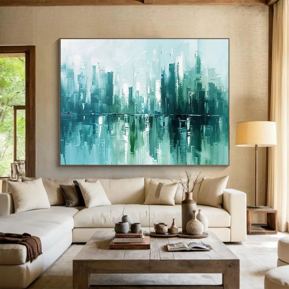 Cityscape Reflection Abstract Painting with Teal and Turquoise Hues THY275
