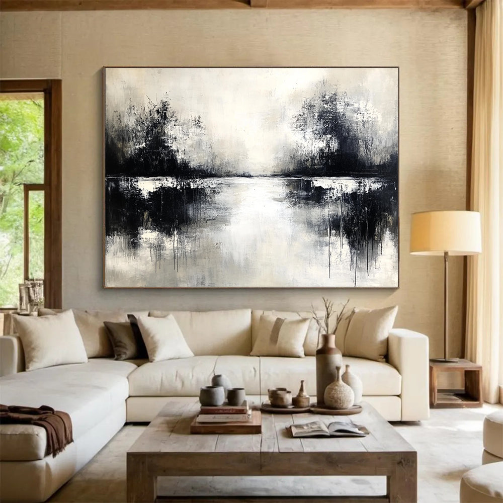 An abstract painting in black and white with neutral tones soft edges on canvas featuring atmospheric elements and a serene water reflection.SC056