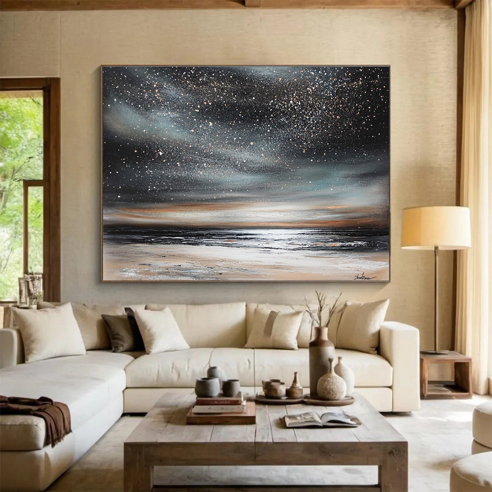 Starry Night Beach Abstract Painting with Dark and Shimmering Tones DYP120