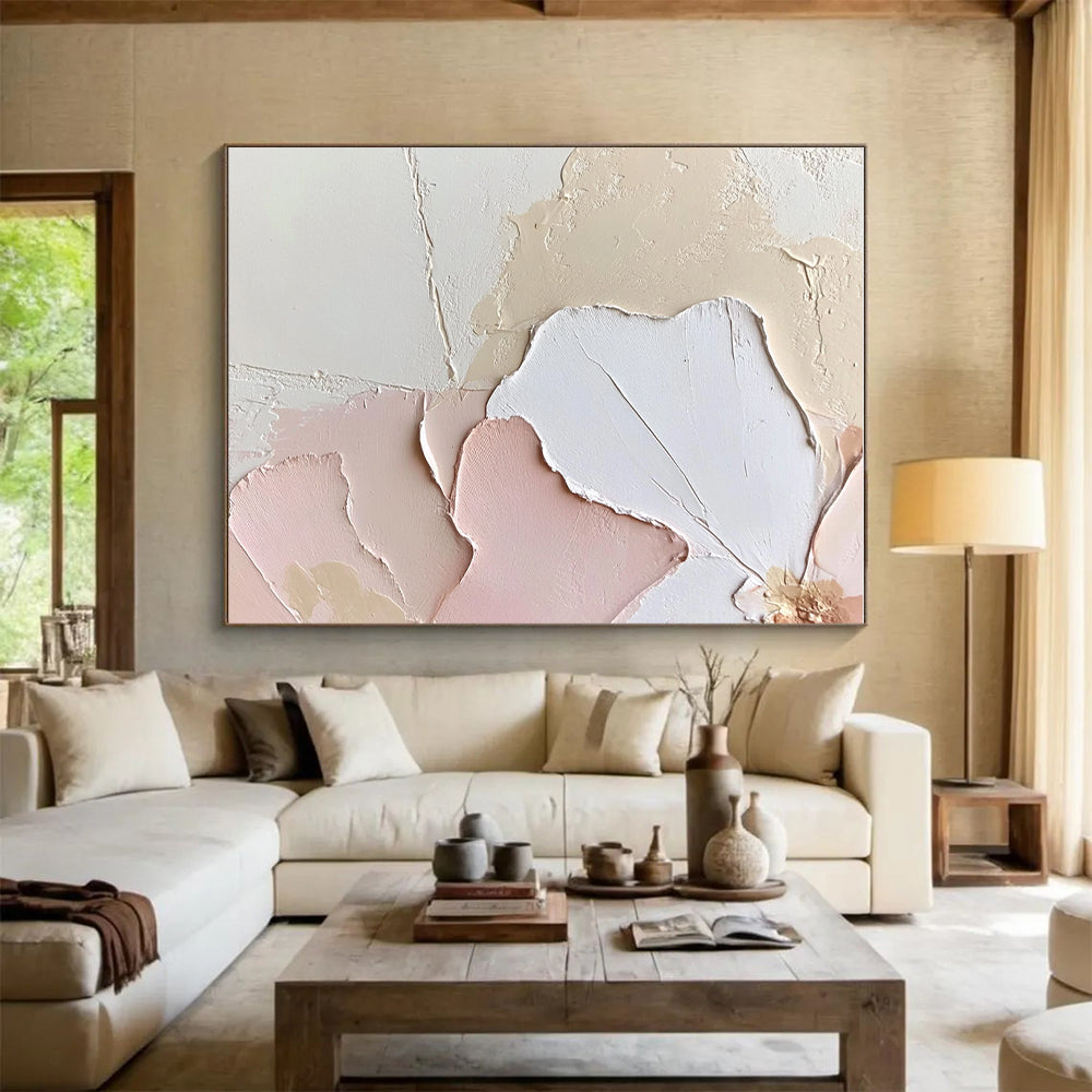 Beige Pink and White Abstract Painting with Textured Petals GER427