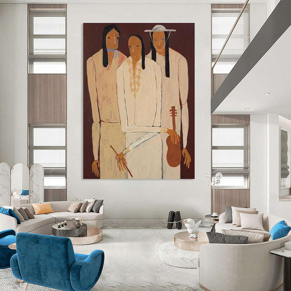 Three Figures in Light Tones on Dark Background Abstract Painting ADGE141