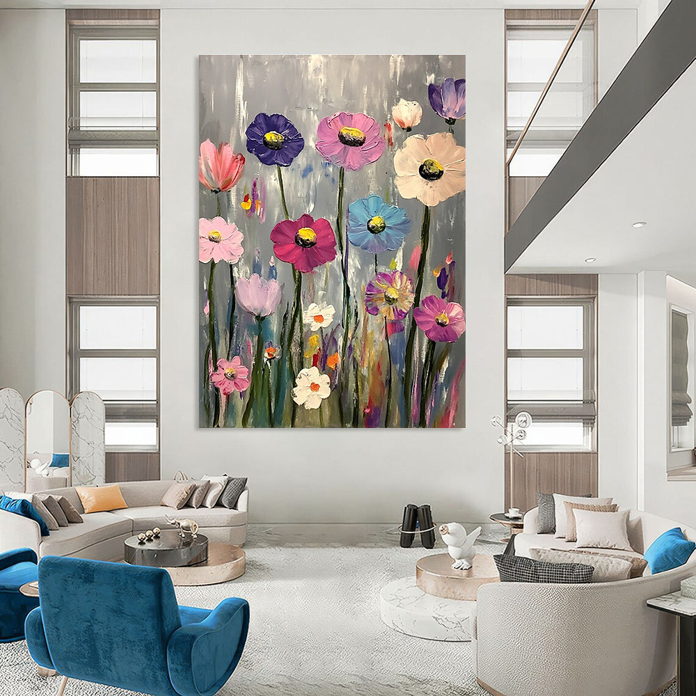 A large abstract painting featuring vibrant pink purple blue and white flowers against a gray background in the style of Claude Monet.STSC1033