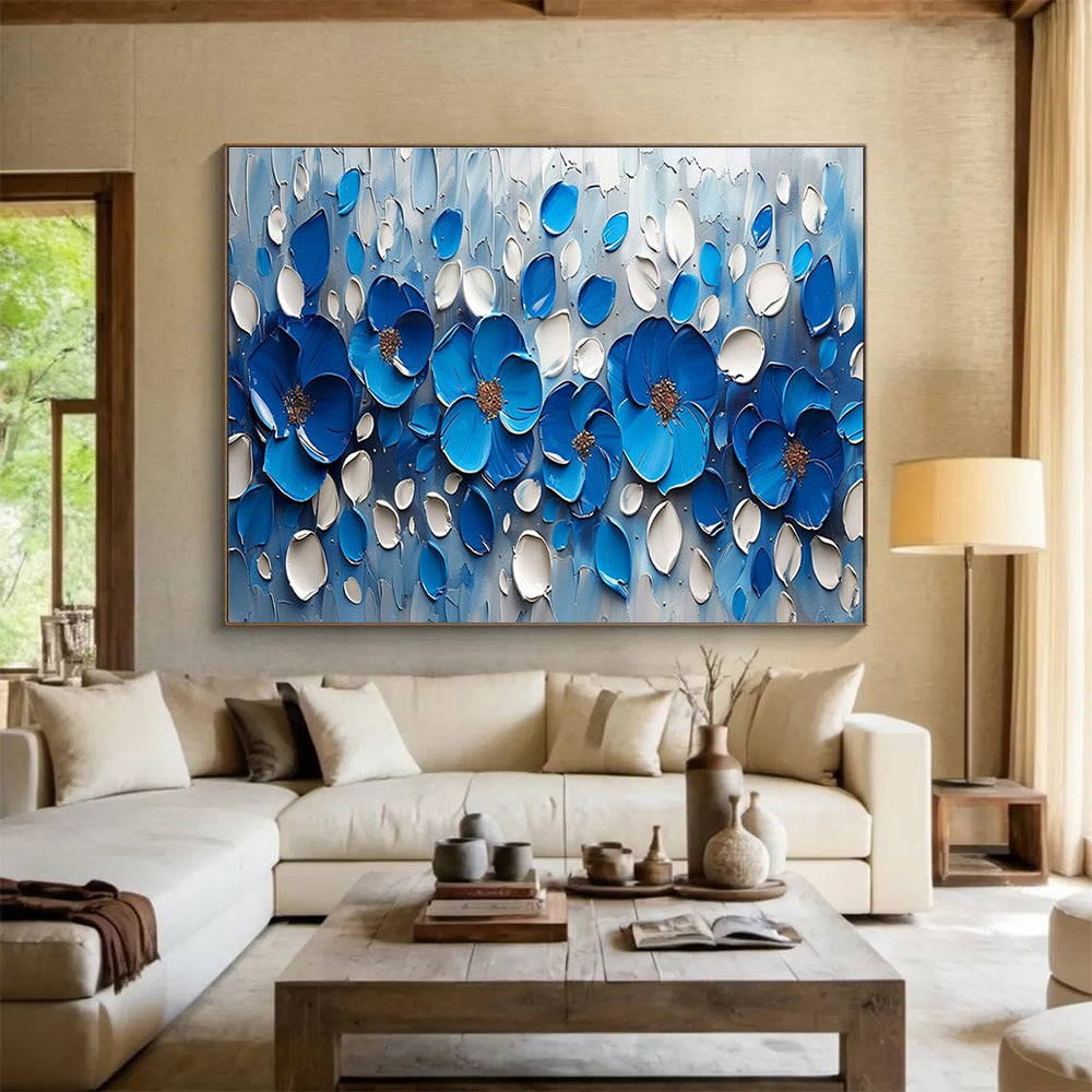 Blue Flower Relief Abstract Painting with Blue, White, and Brown Tones THY173