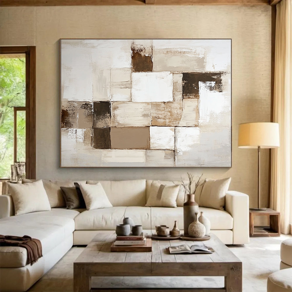 Beige Brown and White Abstract Painting with Patchwork Textures GER635