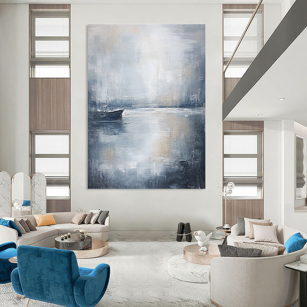 Large abstract painting in muted gray and white tones with soft brushstrokes evoking calmness and serenity perfect for any space.STSC044