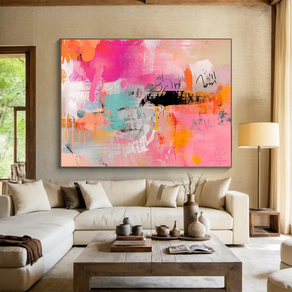 Pink and Colorful Abstract Expression Painting with Bold Marks DYP467