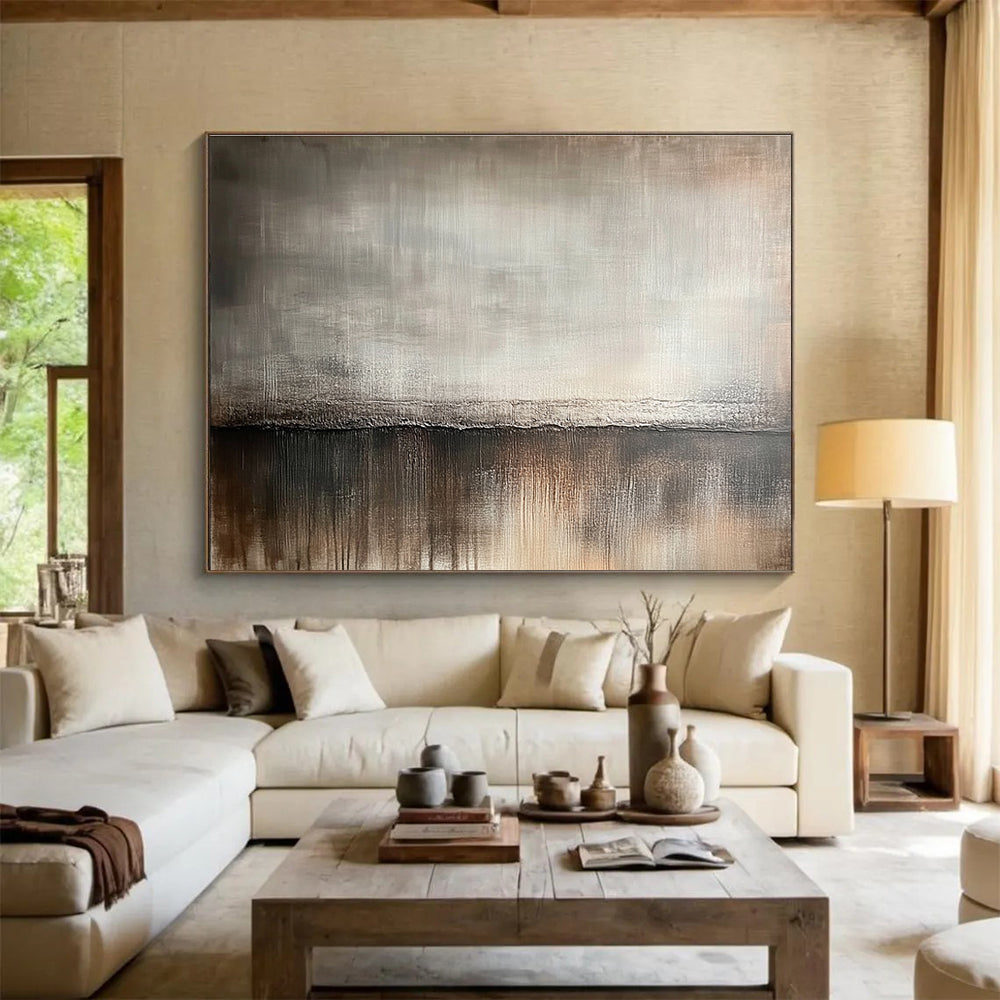 Large abstract painting featuring a muted gray and brown gradient background with soft brush strokes resembling vintage wood textures.SC534