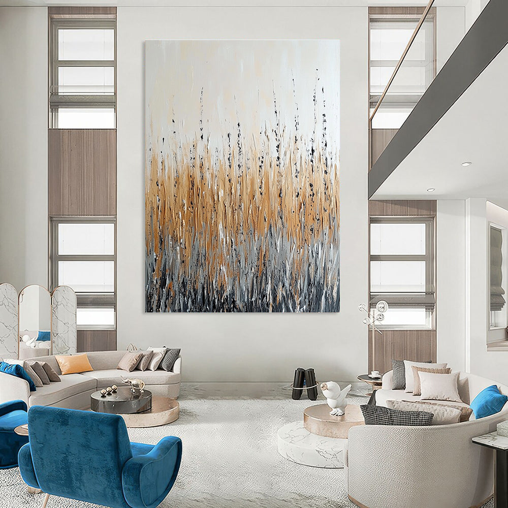 Large abstract painting depicting a field with tall grass in beige and grey tones featuring black accents and a rain effect on a white background.STSC284