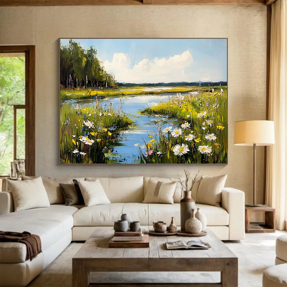 Abstract painting featuring a serene meadow with wildflowers and a reflective river under a sunny sky enhanced by gentle clouds.SC600