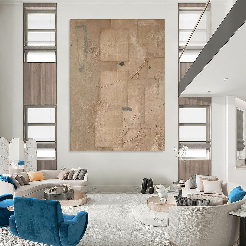 Beige Geometric Abstract Painting with Added Elements ADGE336