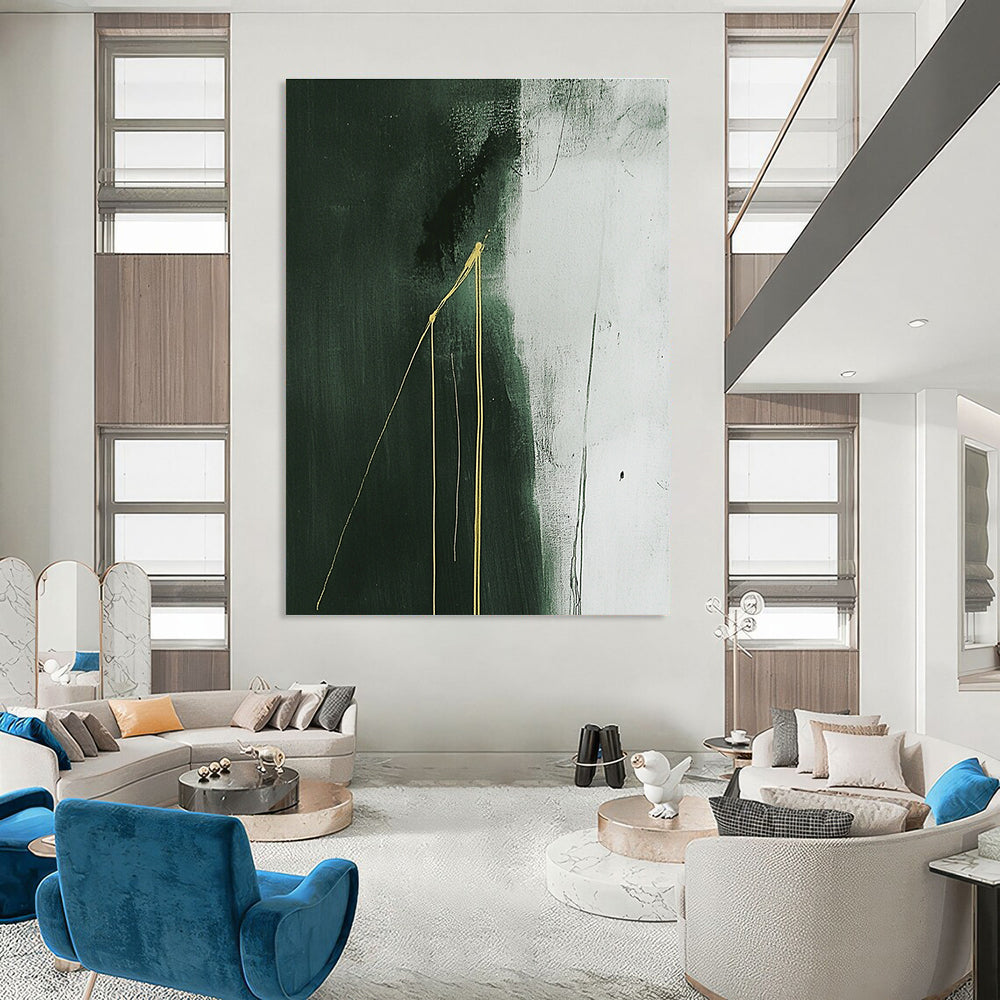 Large abstract painting with dark gray background featuring white and green hues and two growing yellow lines creating a minimalist composition.STSC1241