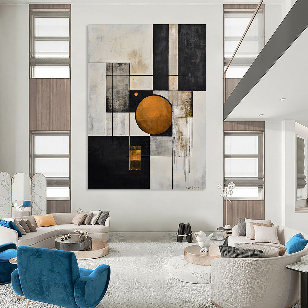 Large abstract painting in black and white with an orange circle and geometric shapes features a gray line and exquisite details on textured canvas.STSC207