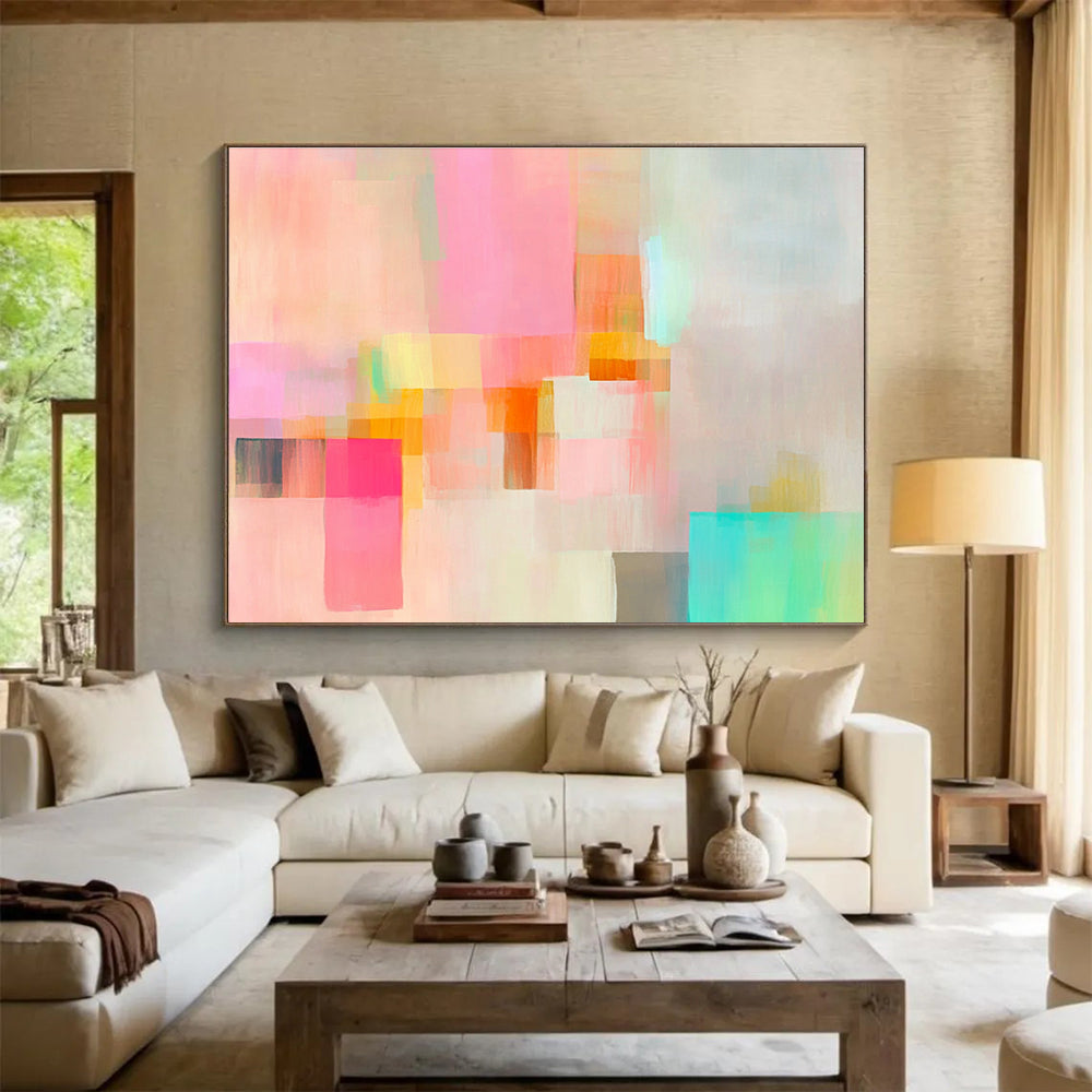An expansive abstract painting featuring soft pastel colors and fluid geometric shapes creates a dreamy atmosphere of movement and calmness.SC302