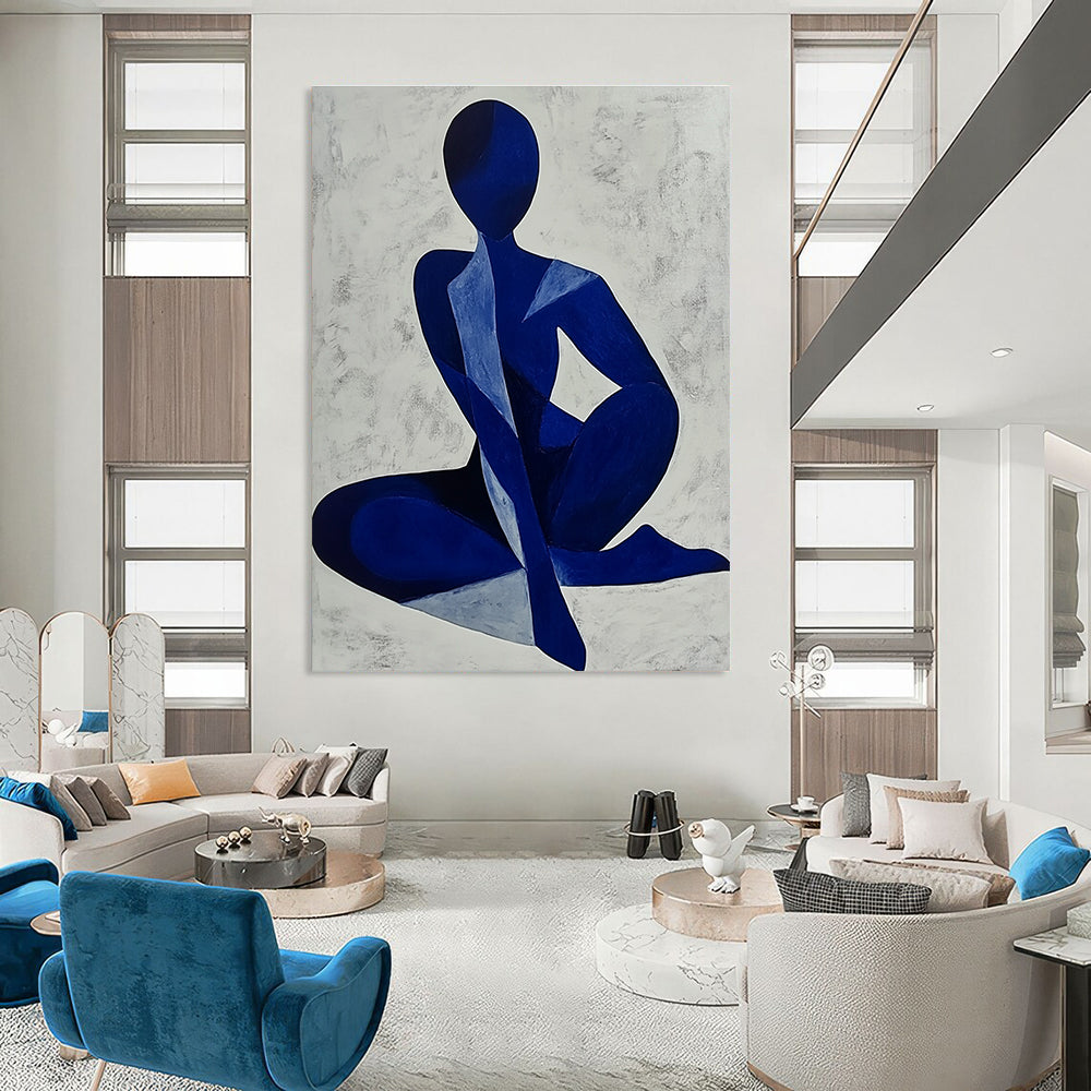 Abstract painting of a blue woman’s body, minimalist style with monochrome colors on light grey background, perfect for modern decor.STSC1405