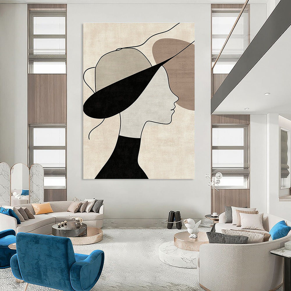 Abstract art featuring a woman in profile adorned with a hat on a beige background with visible brush strokes and neutral colors and black lines.STSC1335