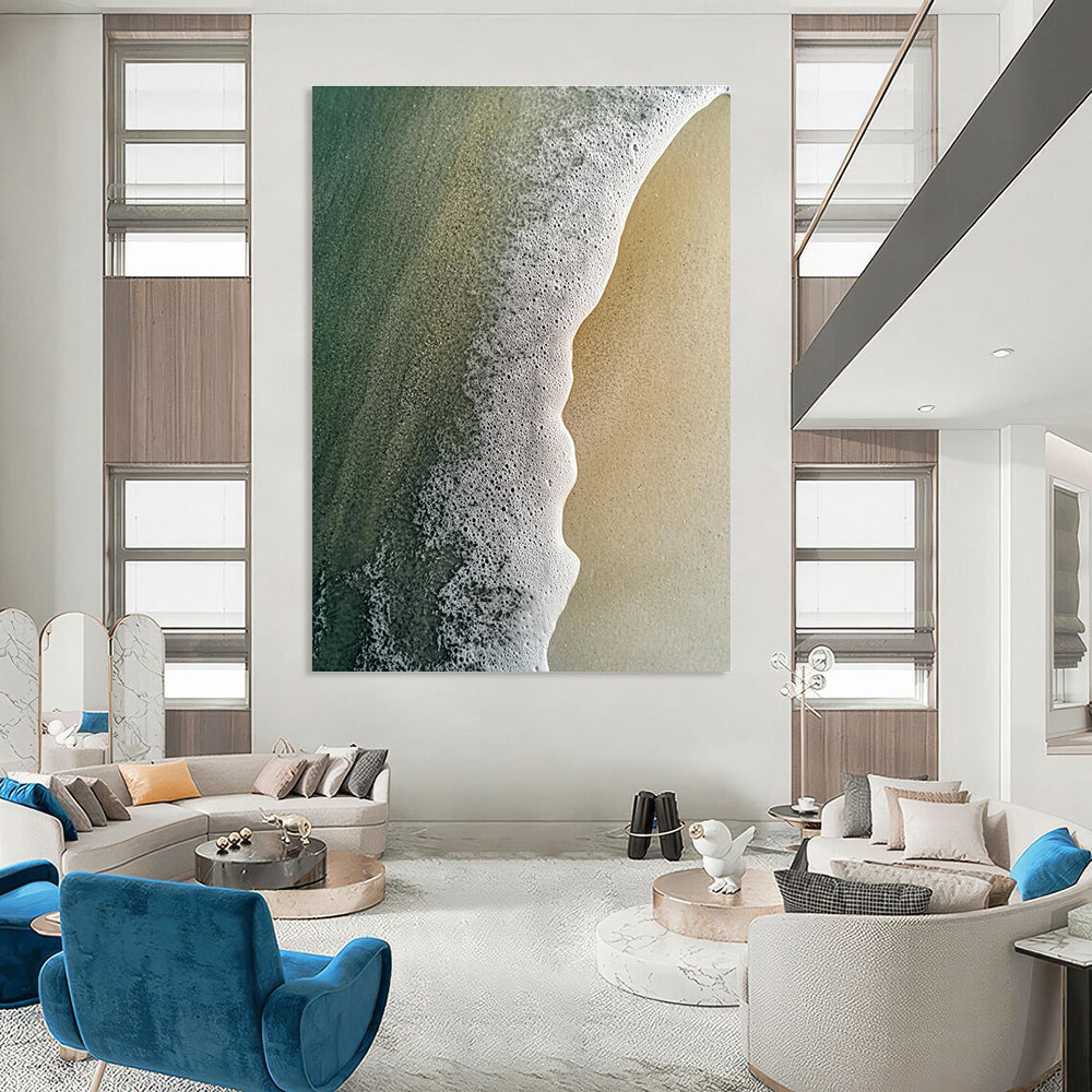 Large abstract painting capturing the meeting of sand and water with intricate pastel patterns and soft mist rising from the sea.STSC1410