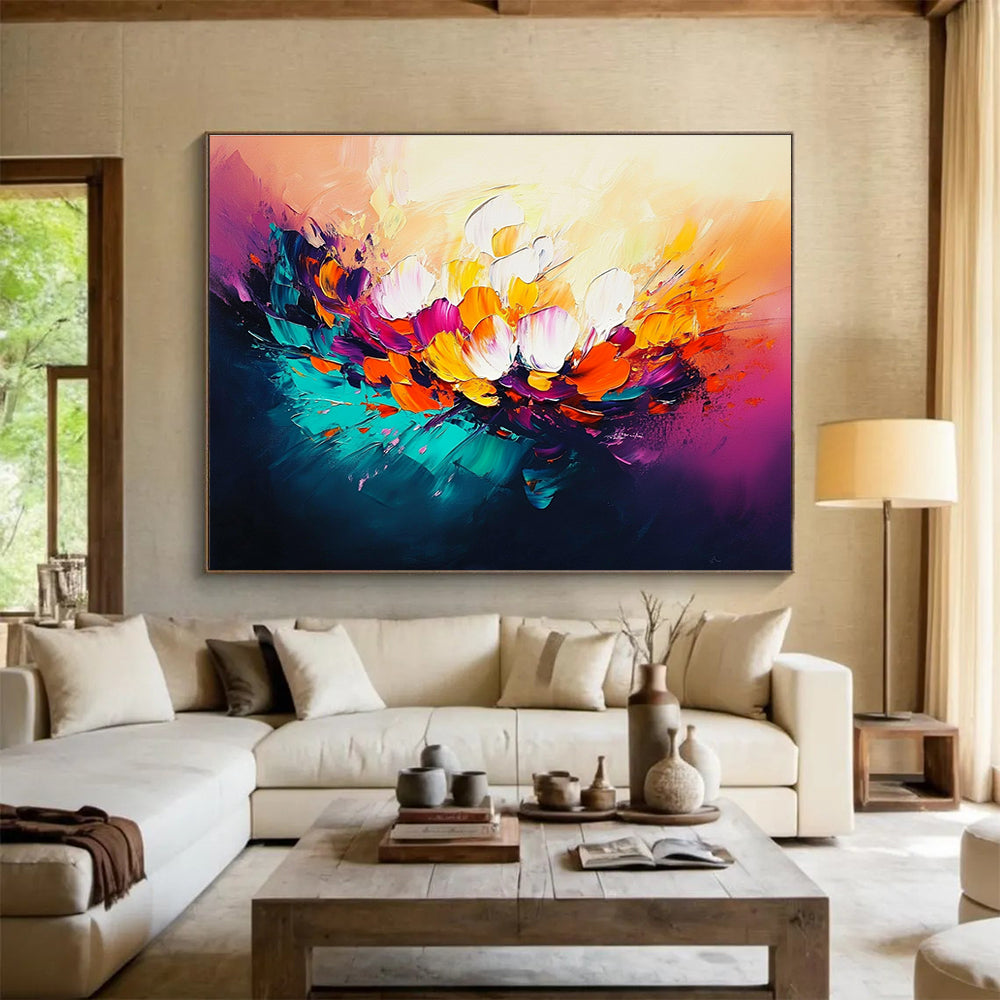 Large abstract oil painting of flowers in vibrant orange teal magenta with expressive brushwork and glowing lights creating a dynamic composition.SC320
