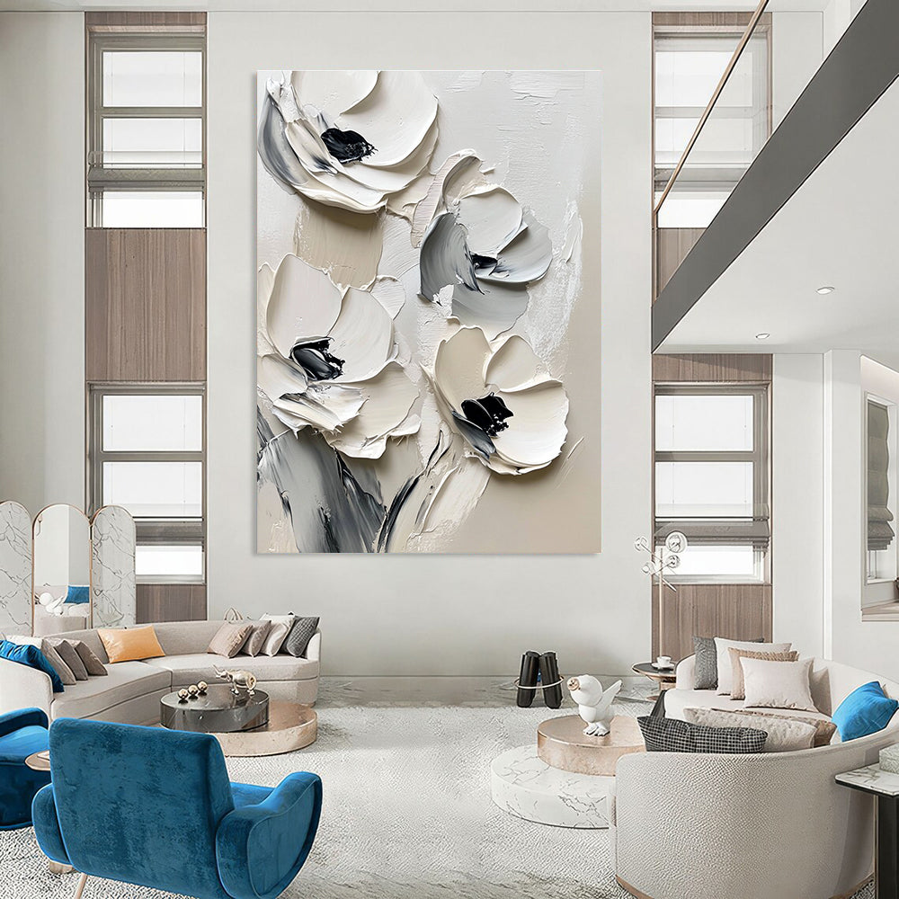 Large abstract painting featuring white flowers on a white background with black brush strokes and thick impasto paint in muted tones.STSC512