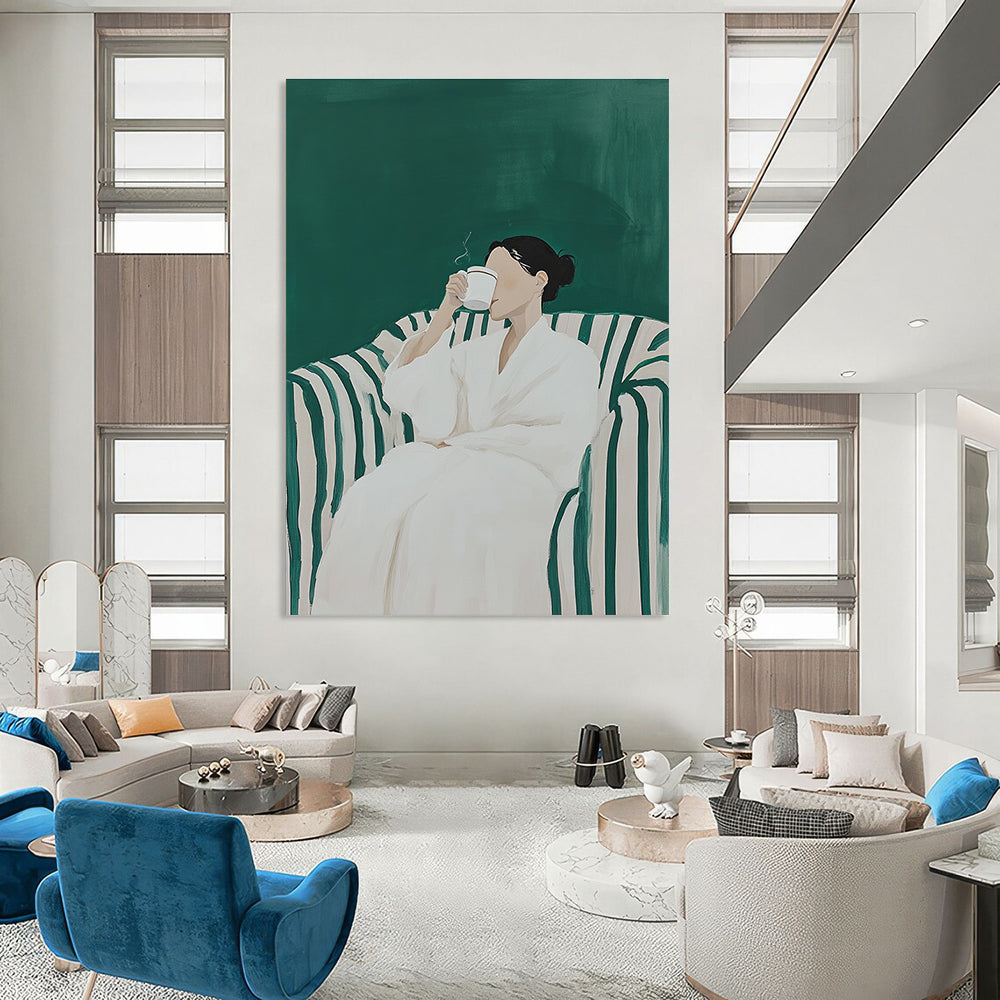 A large abstract painting featuring a woman in a white robe sipping coffee on a striped sofa with a vibrant green background.STSC1122