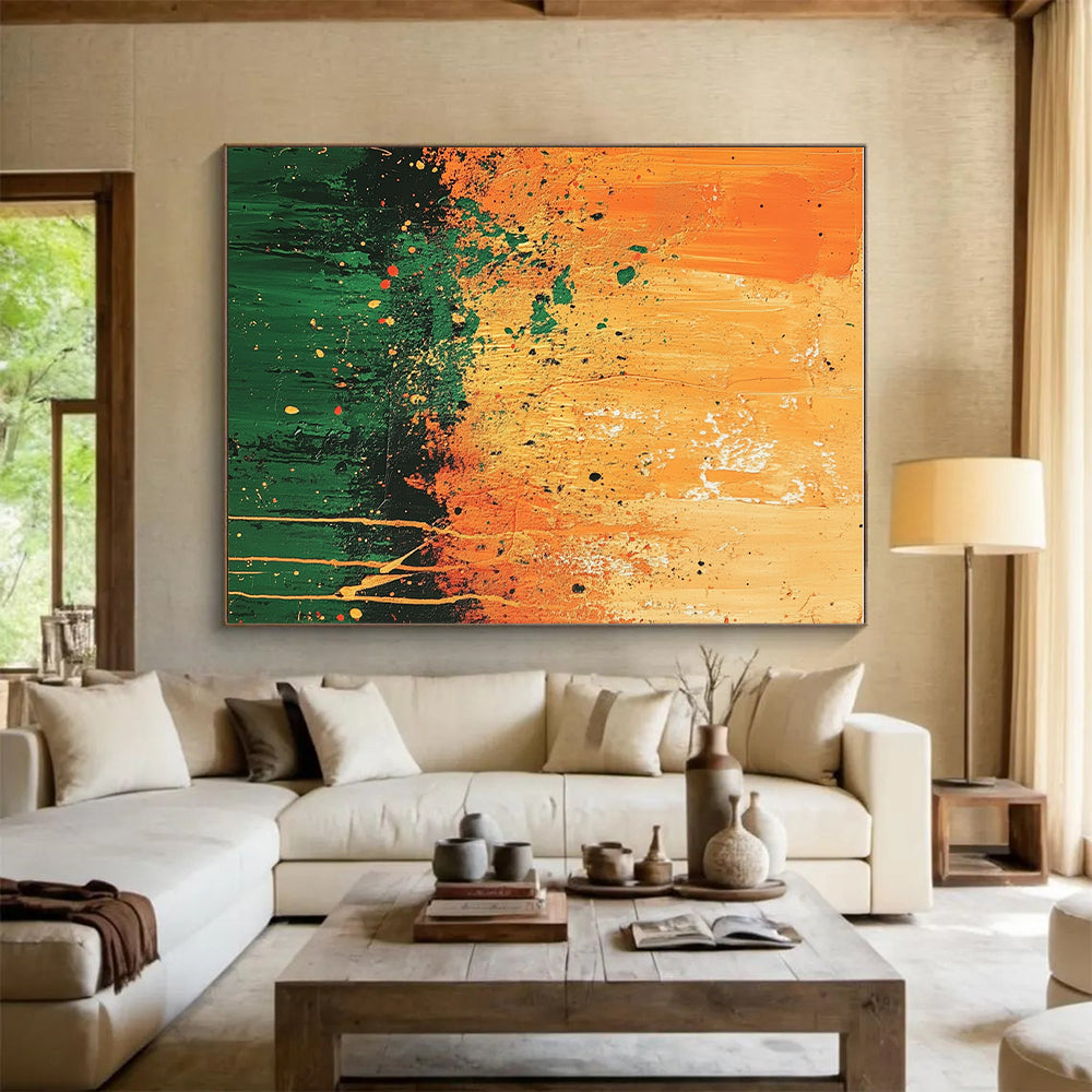 Orange Green Splatter Abstract Painting with Energetic Patterns GER492