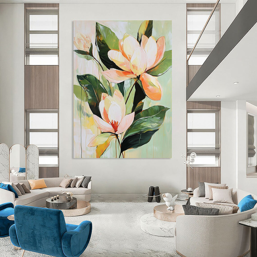 Large abstract painting of tropical flowers and magnolia blossoms in soft tones with a vintage brushstroke style on a pale green background.STSC355
