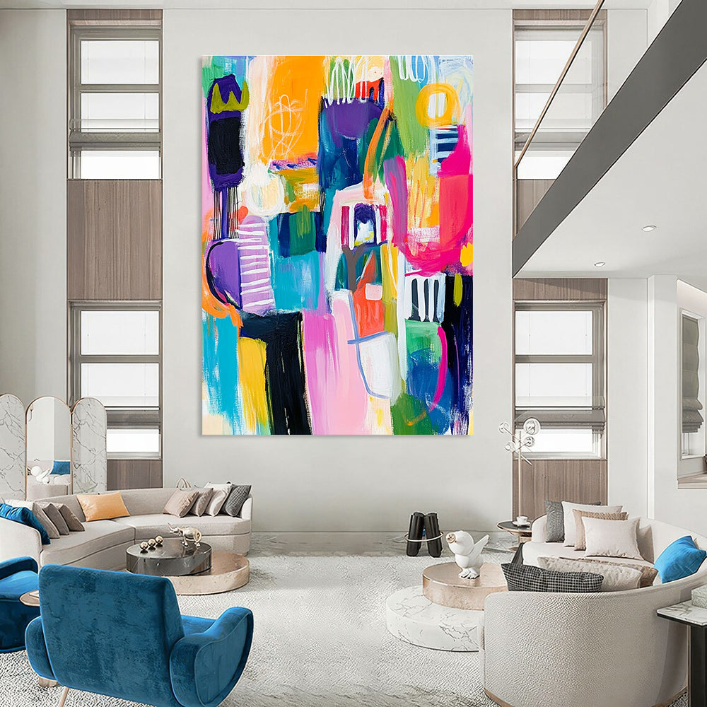 Large abstract painting with colorful whimsical shapes thick brushstrokes and bold lines in vibrant hues capturing dynamic elements of houses cars and people.STSC678