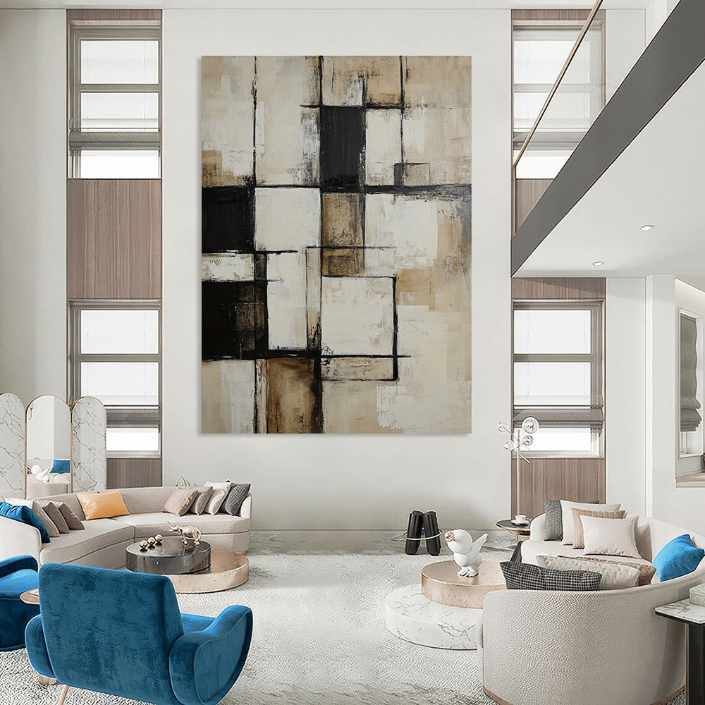 Large abstract painting of textured white and beige squares featuring black accents in a deconstructed minimalist style inspired by Peter Coller.STSC716