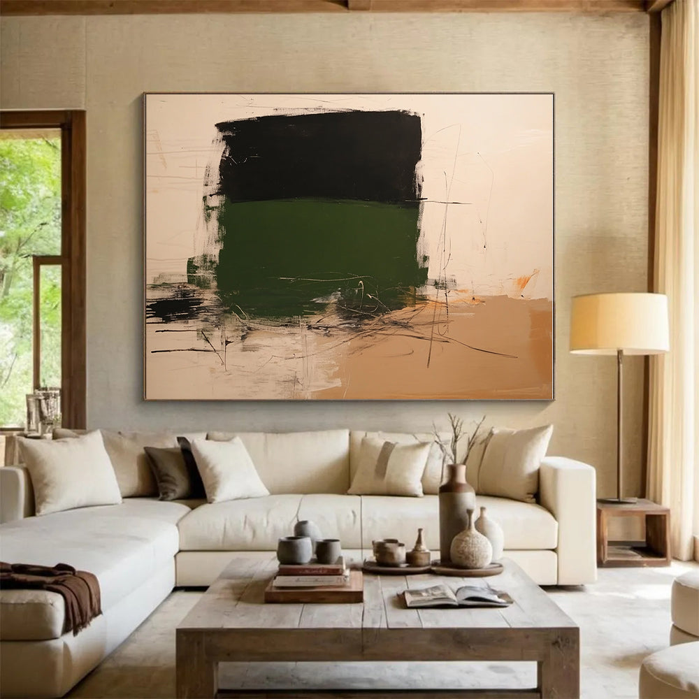 Green Black Beige Abstract Painting with Bold Color Blocks GER776