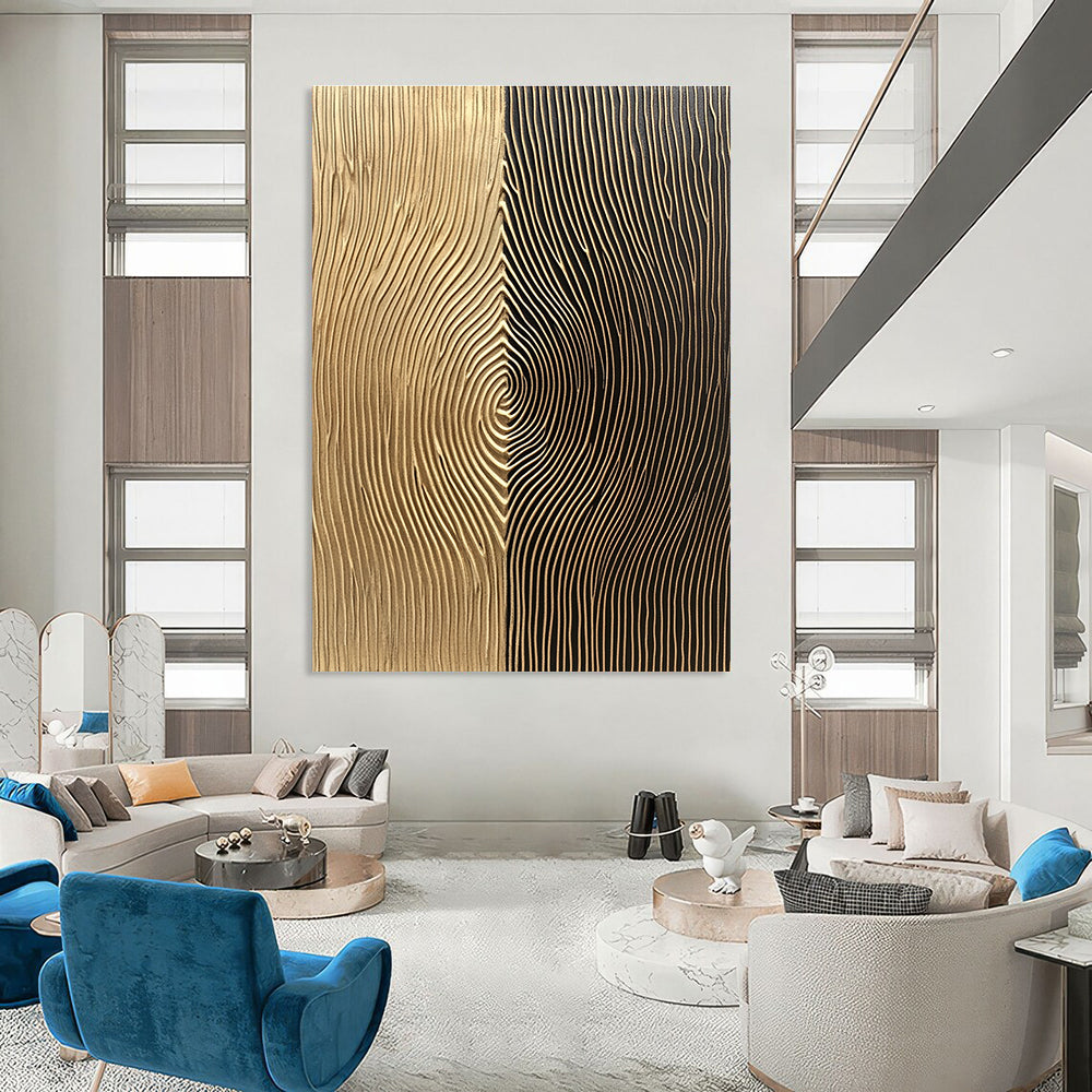 Abstract wall art features light brown and dark bronze sections with vertical lines and delicate curves for a visually engaging experience.STSC1214