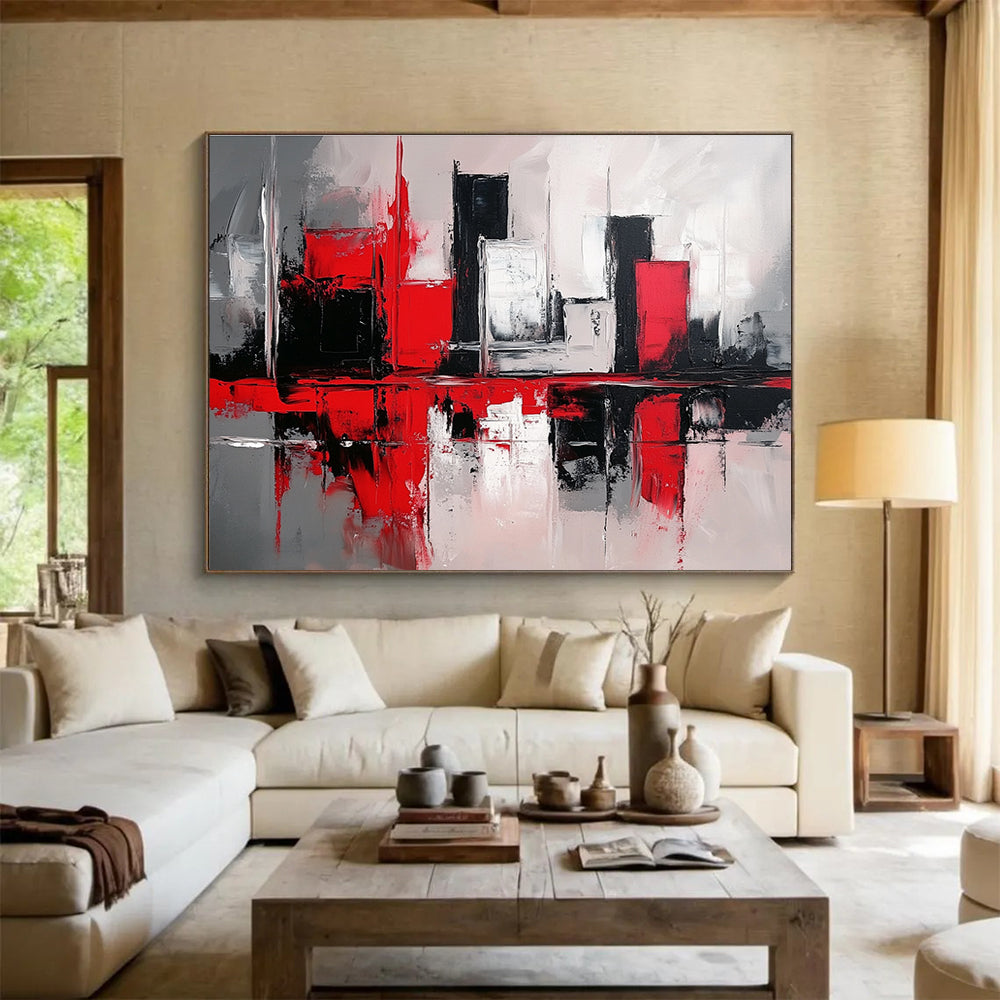 Red Black and White Abstract Painting with Cityscape Reflections DYP398