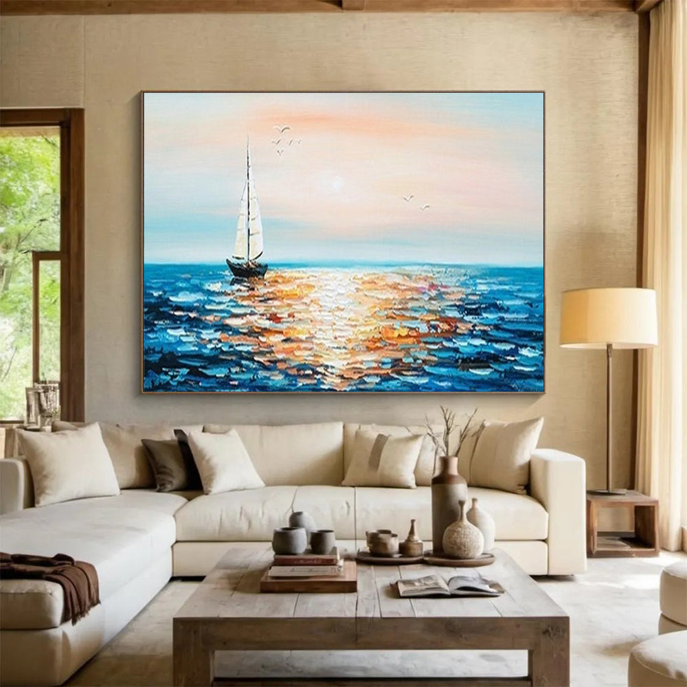 Sailboat Sunset Abstract Painting with Orange, Pink, and Blue Tones THY188