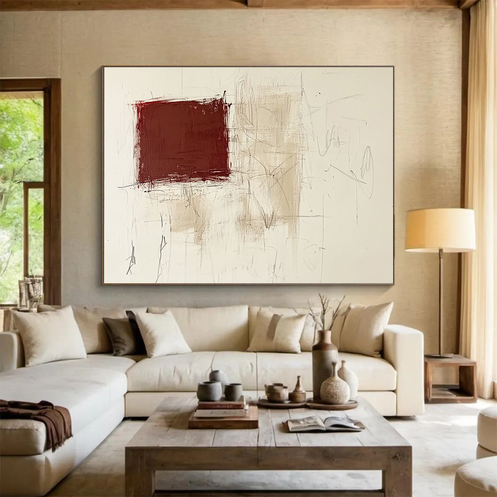 Red and Beige Textured Abstract Painting with Sketchy Lines DYP143